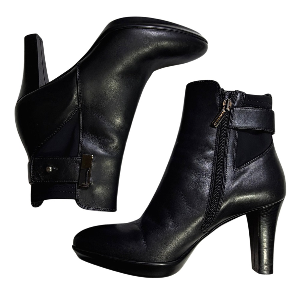 Aquatalia Black Leather Ankle Boots 6.5 Made in Italy High Heel Buckle